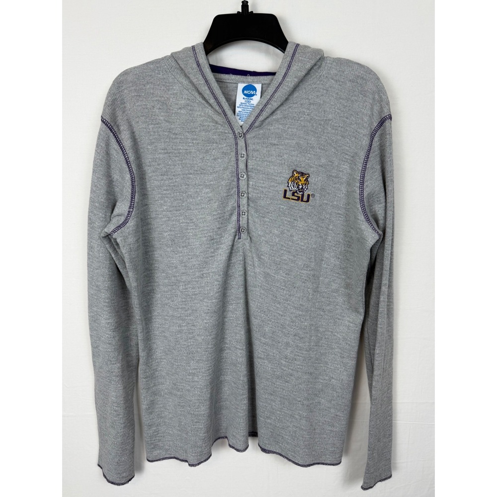 NCAA Women Cotton Blend LSU Tigers Henley Hoodie Large Gray Waffle Knit Thermal
